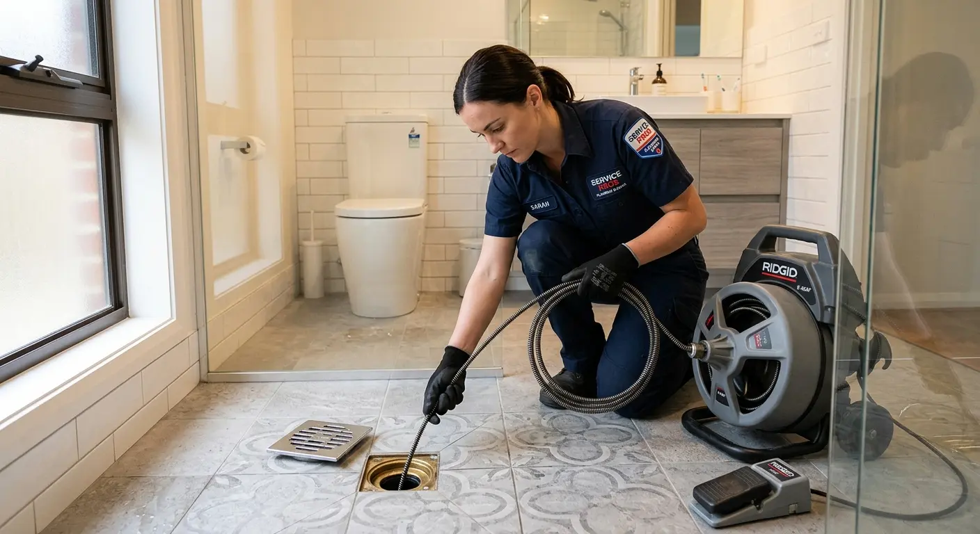 Technician clearing a bathroom floor drain for Drain Cleaning in Ojus